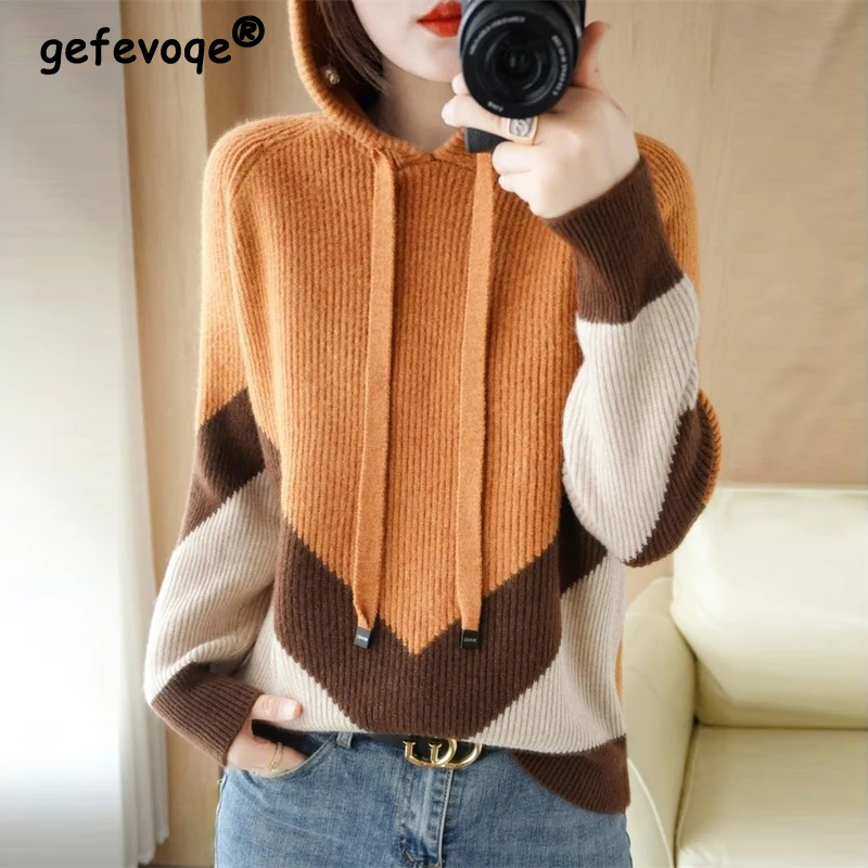 Women Clothing Fall Winter Trendy Contrast Color Hooded Sweater Casual Long Sleeve Loose Pullover Tops Drawstring Knitted Hoodie