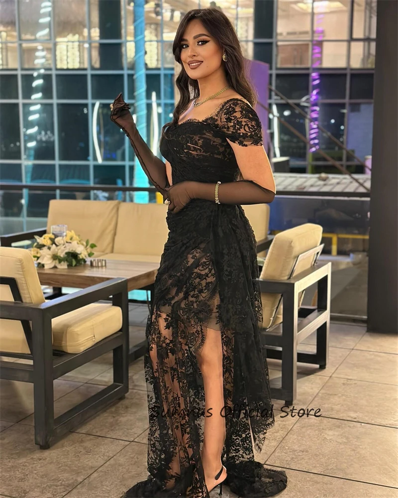 SUMNUS Sexy Black Lace Mermaid Evening Dresses Cap Sleeves Off Shoulder Wedding Formal Event Prom Gown vestidos High Quality