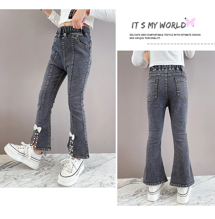 Elegante Kinder-Jeans mit Schlitz und Perlen für Mädchen, schmal geschnittene Denim-Hose mit Schleife, Kinderhose mit Schleife, Größe 5 6 7 8 9 10 11 12 13 14 – Detail 7