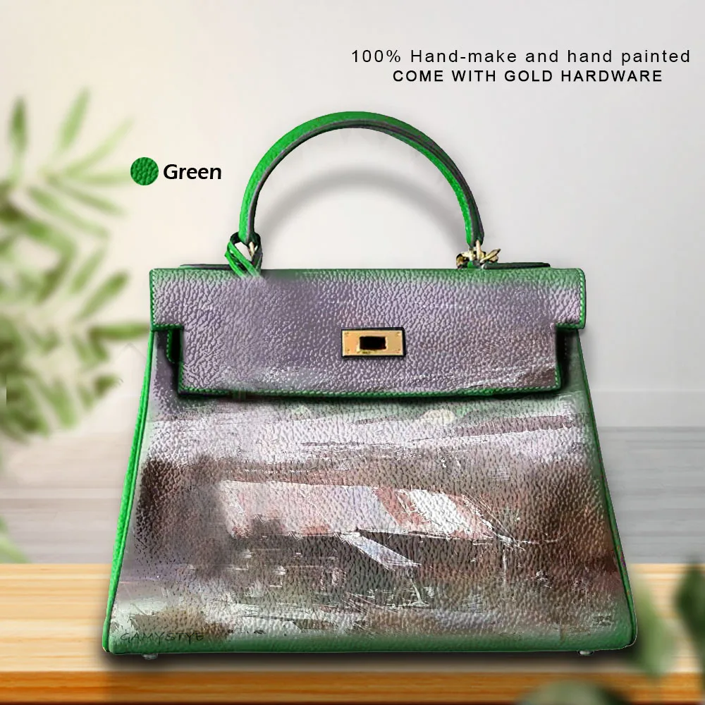 Draw Beautiful Snowy House Customize Art Bags 100% Real Cowhide Leather Ladies Tote Handbags Messenger Shoulder Bag For women