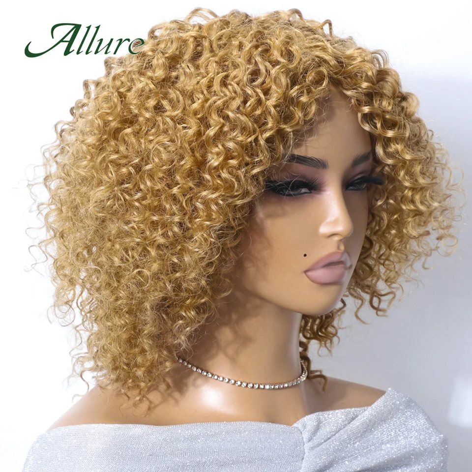 Brazilian Water Wave Human Hair Wigs for Black Women Honey Blonde Hair Wig With Bangs 14 inch Short Kinky Curly Hair Wig Allure