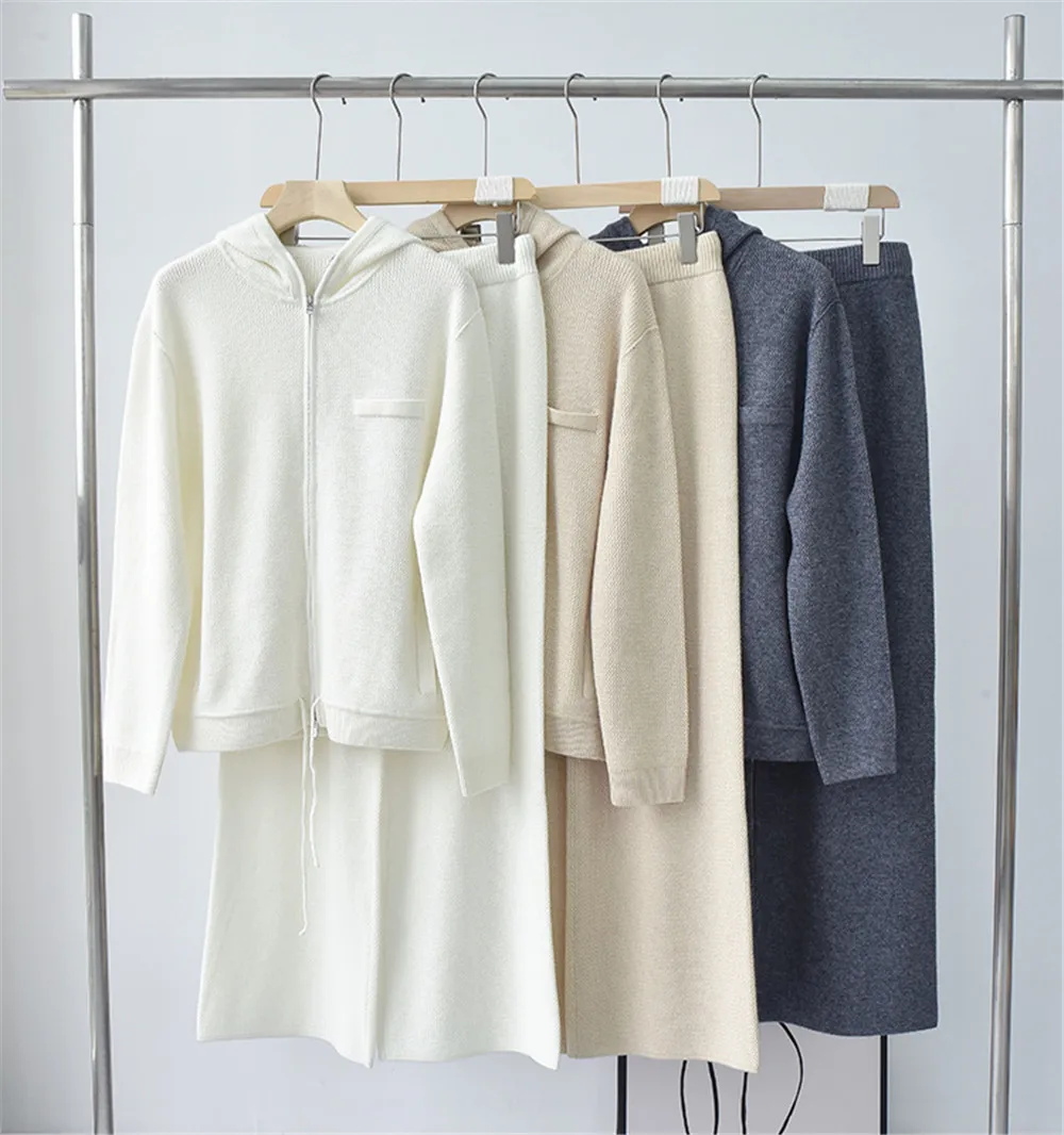 Pure Cashmere Two Set Sweatshirt Women Casual Hooded Double Zip Drawstring Knit  Top Jacket  + High Waist Wide Leg Pants