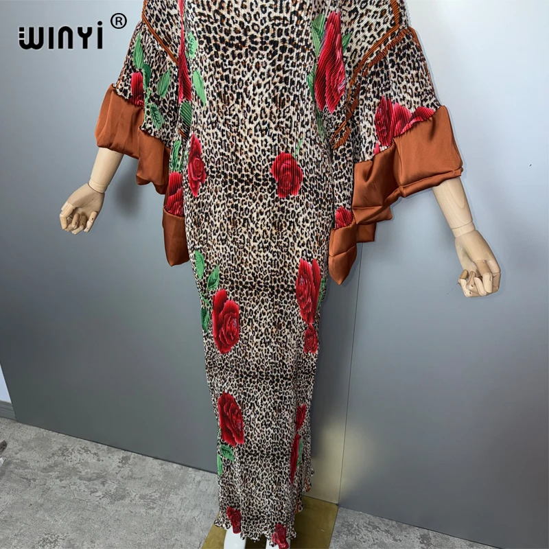 WINYI plissé élastique mince robe léopard nouveau vêtement de plage femme musulmane caftan abaya dubaï luxe longue vers le bas boho robe de soirée
