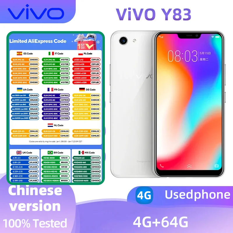 VIVO Y83 4G Smartphone MediaTek P22 Unlocked  6.22  Inch 6GB RAM 128GB ROM All Colours Android Original Used Phone