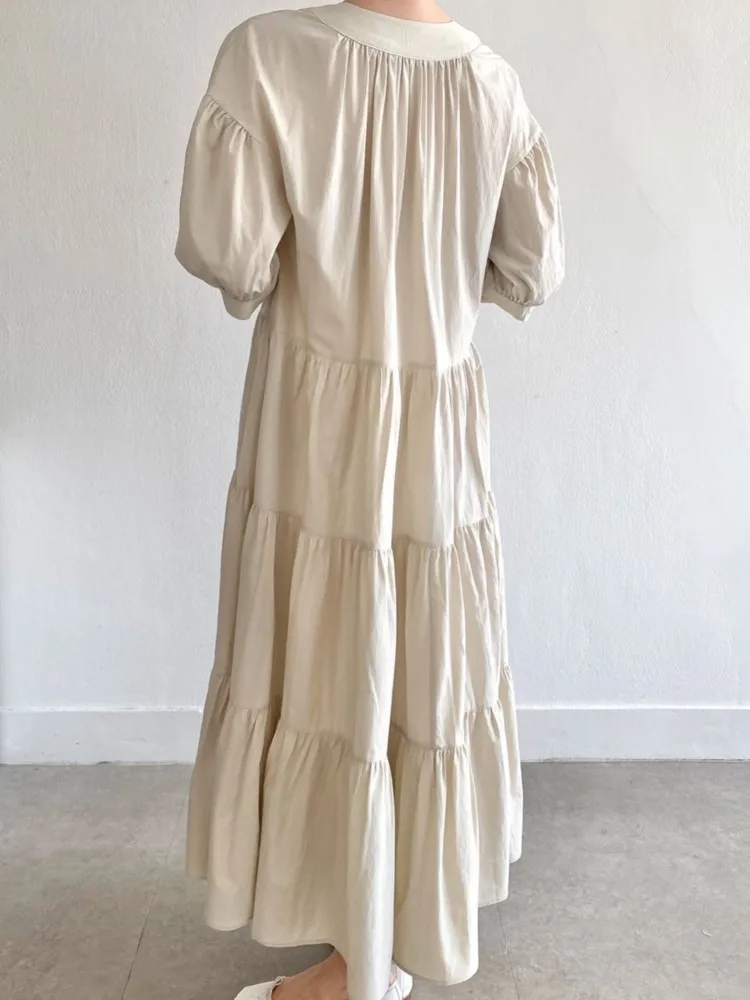 Sukienka damska letnia vintage oversize z bufiastymi rękawami, koreańska nowa, jednorzędowa, codzienna, luźna, długa sukienka damska, vestidos