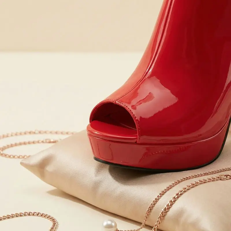 REAVE CAT Red Over Knee High Sandals Peep Toe 12cm Block Heel 3cm Platform Zipper Elastic Band Big Size 44 45 Sexy Party Shoes view 5
