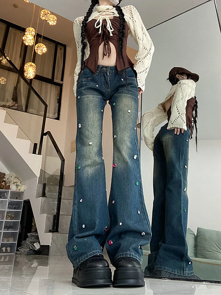 

Y2k Vintage Flare Low Waist Jeans Women Skinny Streetwear Female Korean Style Harajuku Slim Pants Gothic Wide Leg Trousers