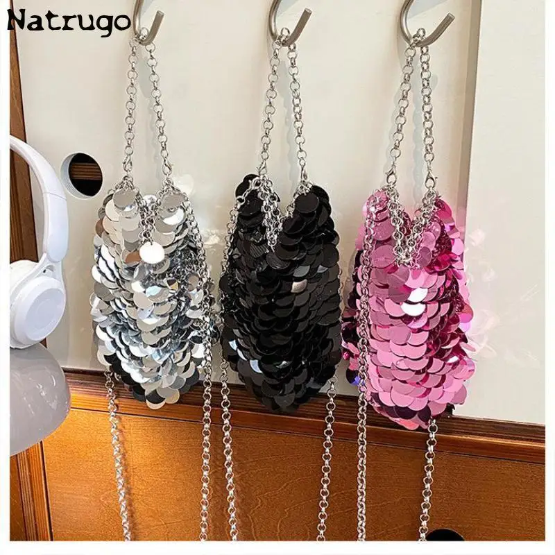 Metal Sequins Chain Woven Bag Evening Bag 2024 Pink Luxury Designer Women Bags Clutch Female Travel Holiday Shoulder Bag Handbag