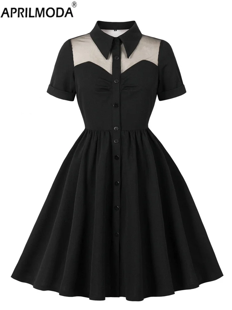 Przezroczysta Czarna Gotycka Krótka Letnia Koszula Elegancka Sukienka Damska Kołnierzyk Patchworkowa Siateczka Lata 50 Retro Vintage Sukienka na Imprezę