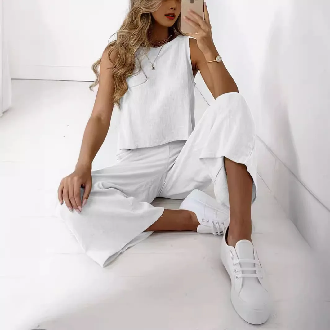 

2025 Summer Two-piece Set Women's Sleeveless Round Neck Vest Wide-leg Pants Set Women's Casual Cotton And Linen Solid Color Set