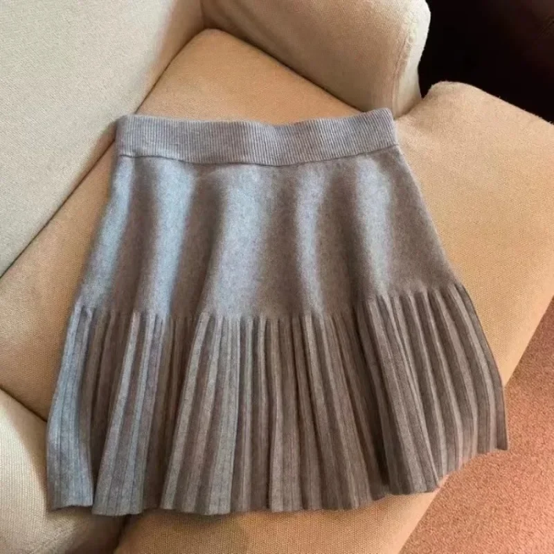 Korean Sweet Elegant Mini Skirts Women Y2K High Waist Elastic Pleated Skirt Autumn Winter Casual Vintage Fashion Knitted Skirt