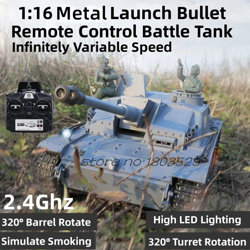 1:16 Full Scale Fire Bullet Remote Control Battle Tank 2.4G  360° Free Drive Turret Rotate Simulate Smoking Metal RC Tank Model