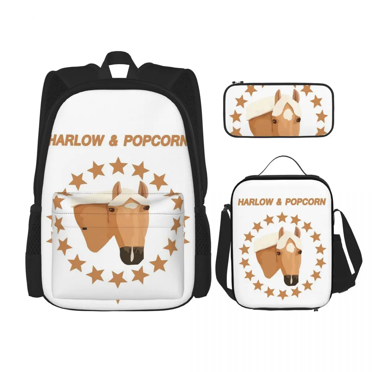 

Harlow And Popcorn Merch Popcorn The Pony Backpacks Boys Girls Bookbag Students School Bags Lunch Bag Pen Bag Three-Piece Set