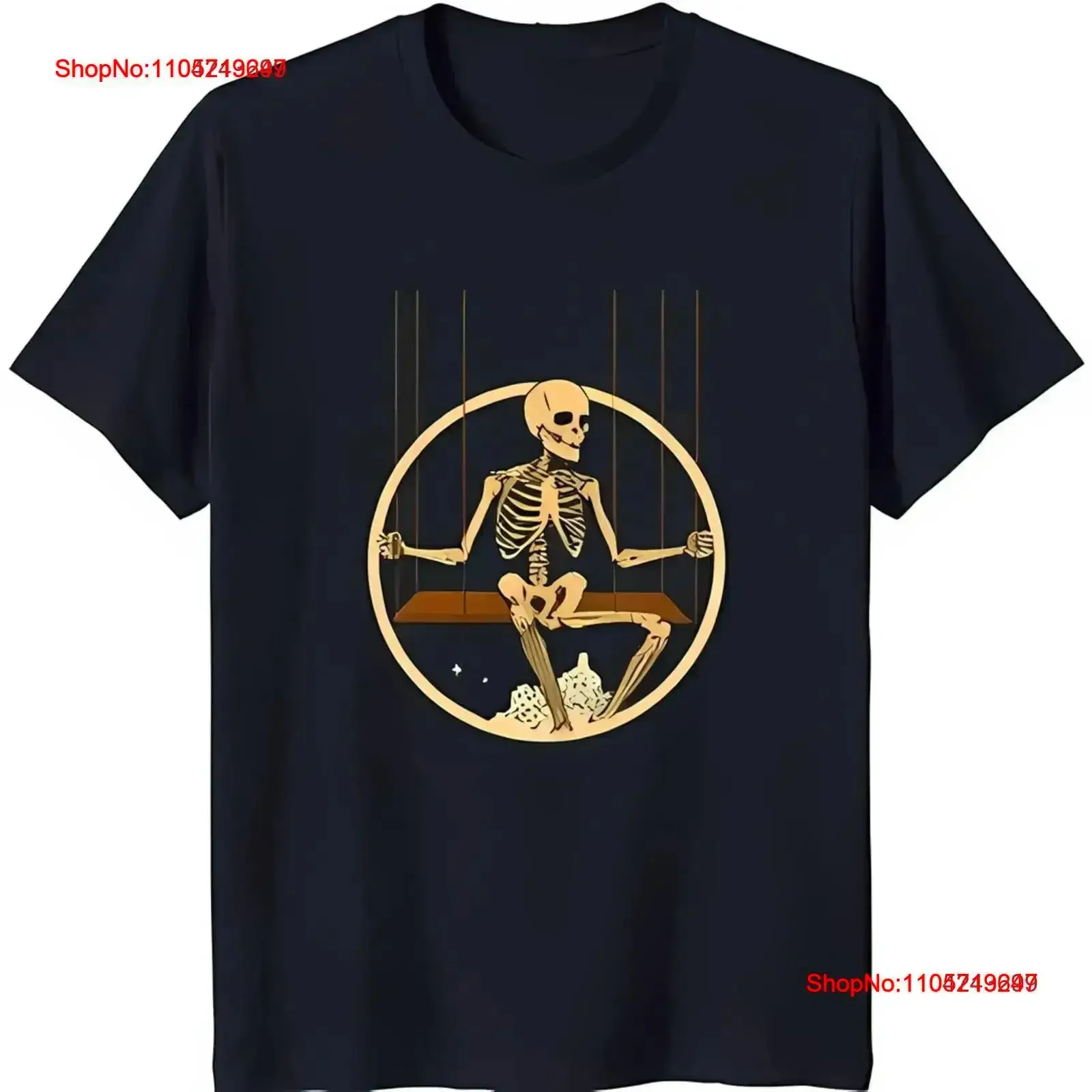 Cartoon Skeleton on Swing with Black T Shirt Fun for Halloween vintage Washed Versatile Comfortable Slightly vintage Washed