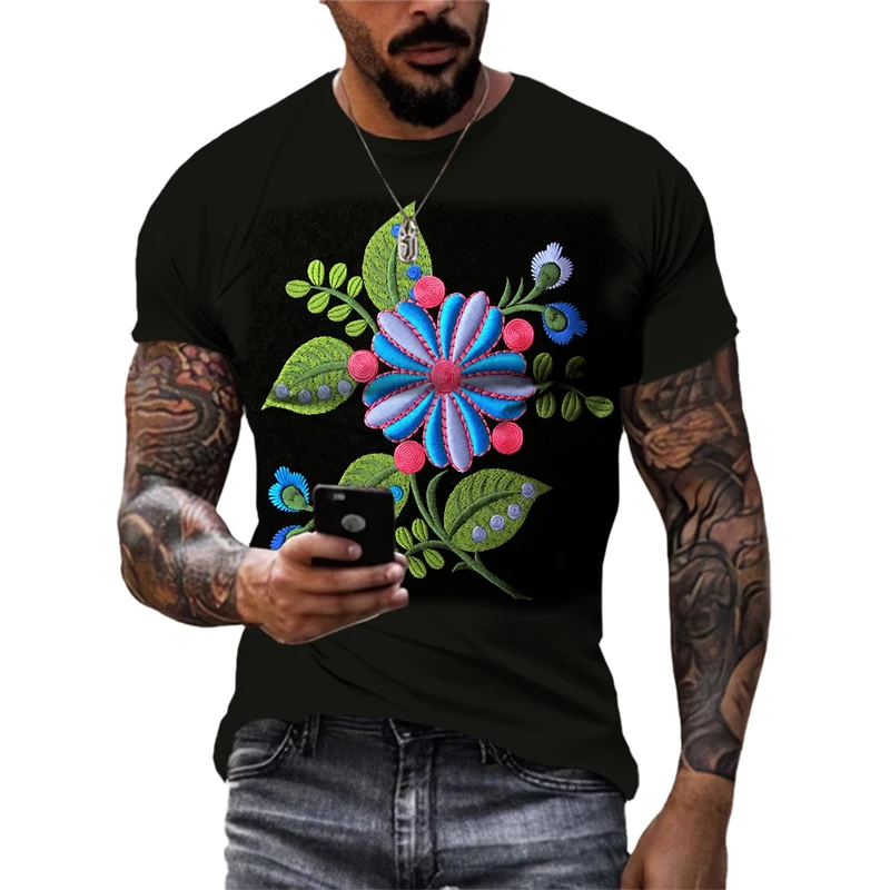 

Summer New National Color Flower graphic t shirts For Unisex Fashion Originality Men Personality Printed O-neck Short Sleeve Top