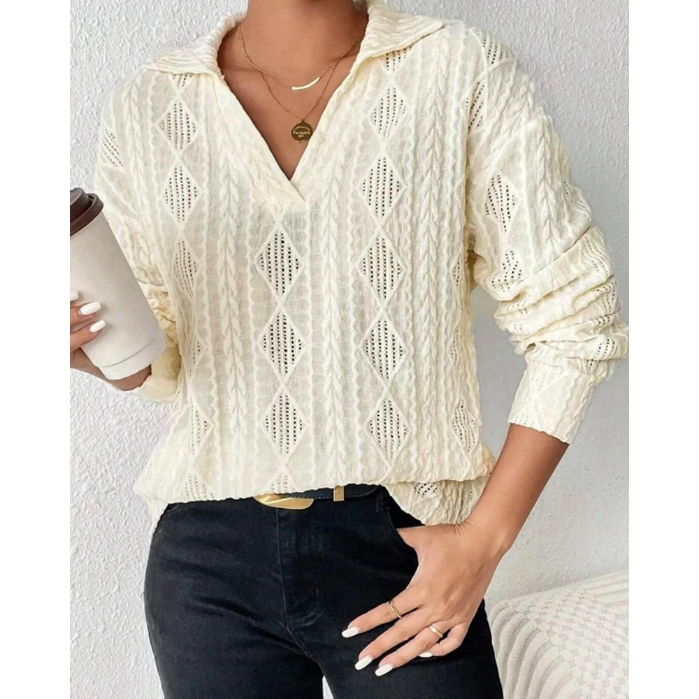 

Women Fashion Hollow Out Long Sleeve V Neck Shirts & Blouses Rhombus Pattern Dropped Shoulder Blouse Femme T-shirts Streetwear