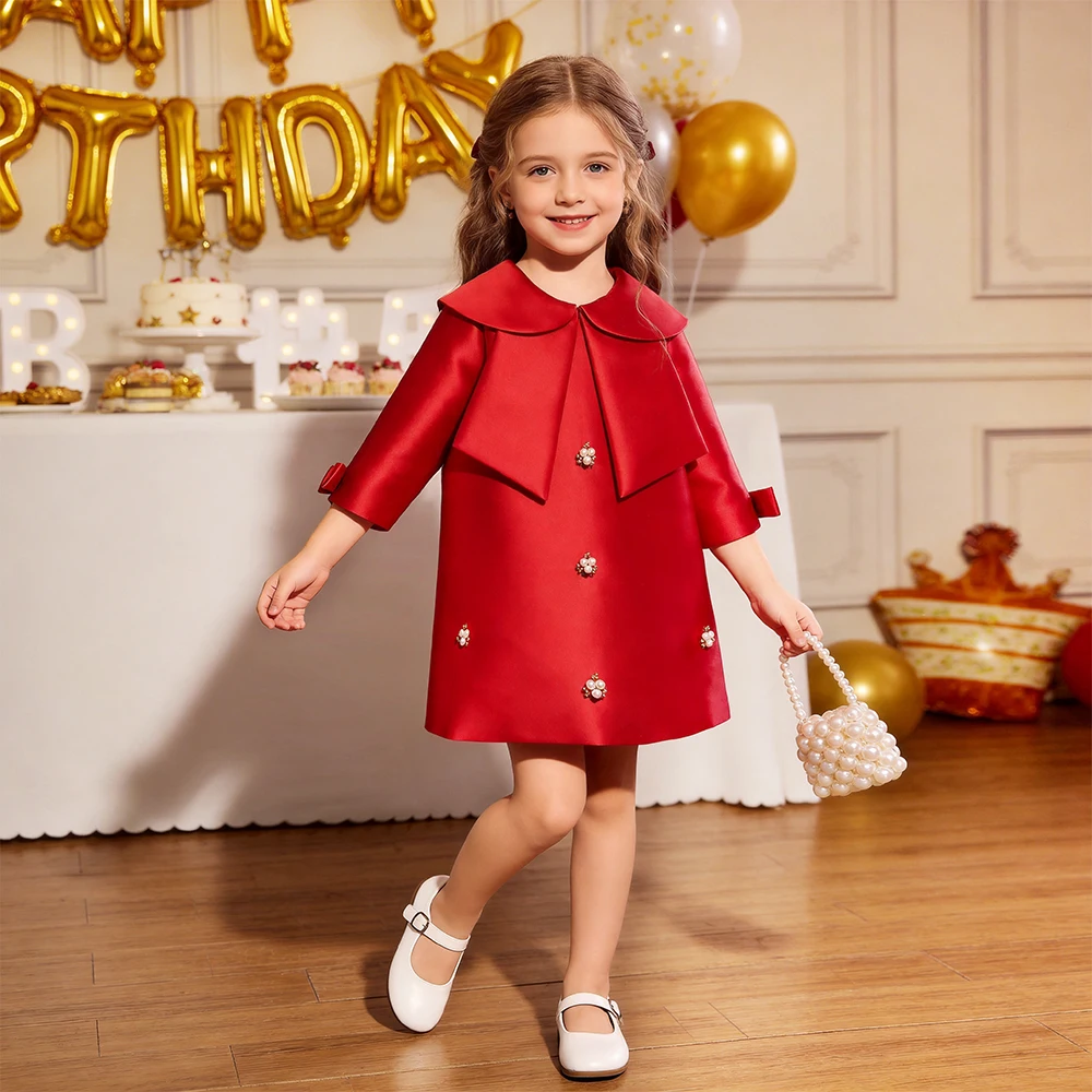 New Fashion Girls Western Style Long-Sleeve Red Princess A-Line Skirt Luxury Handmade Pearl Diamond Dress