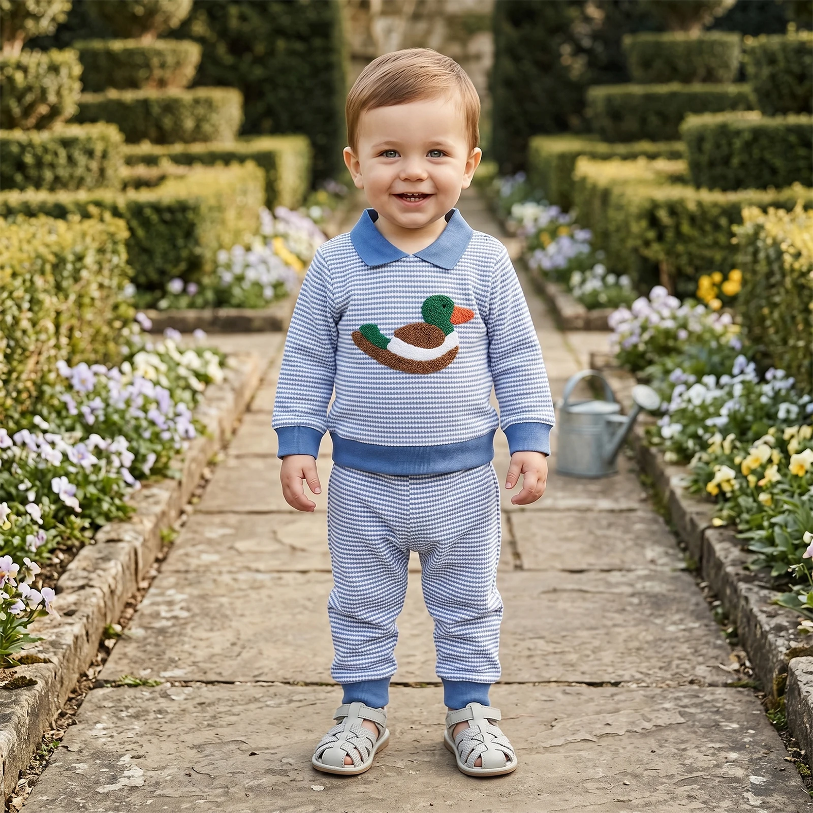 Baby Boy Fall Waffle Outfit Funny Duck Embroidery Striped Turn-Down Collar Sweatshirt and Elastic Pants for Toddler