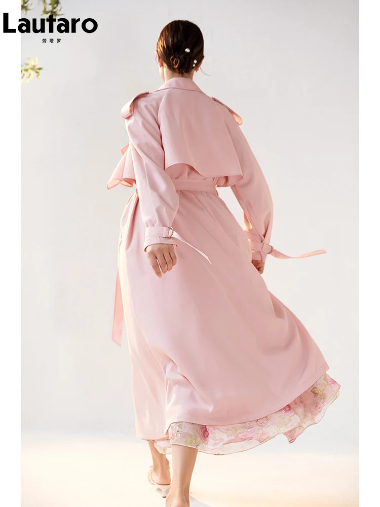 Lautaro Spring Autumn Long Sweet Thin Flowy Soft Pink Trench Coat for Women Sashes High Quality Luxury Designer Clothing 2024