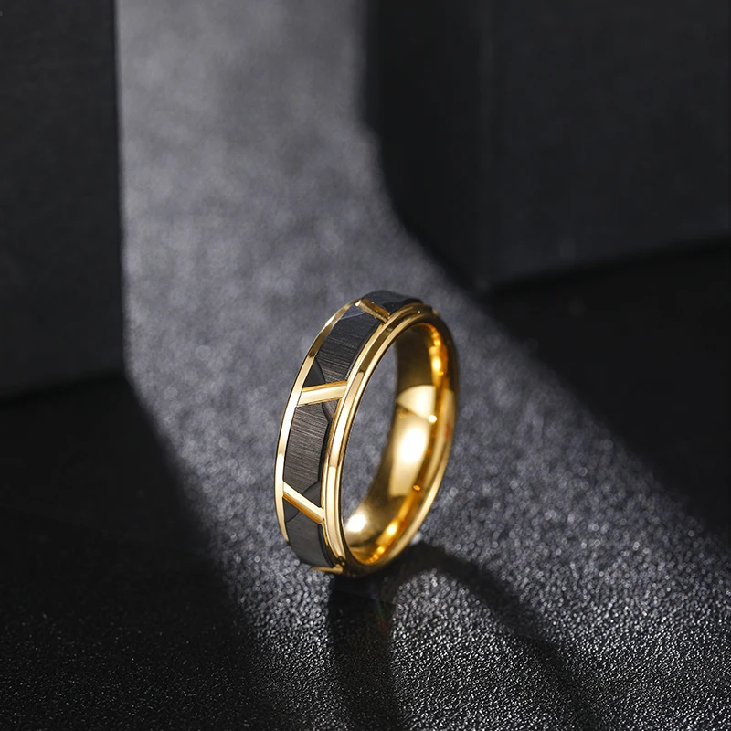 Tigrade 6mm/8mm Mens Tungsten Rings Groove Beveled Edge Pattern Brushed Black Gold Color Wedding Bands Engagement Ring