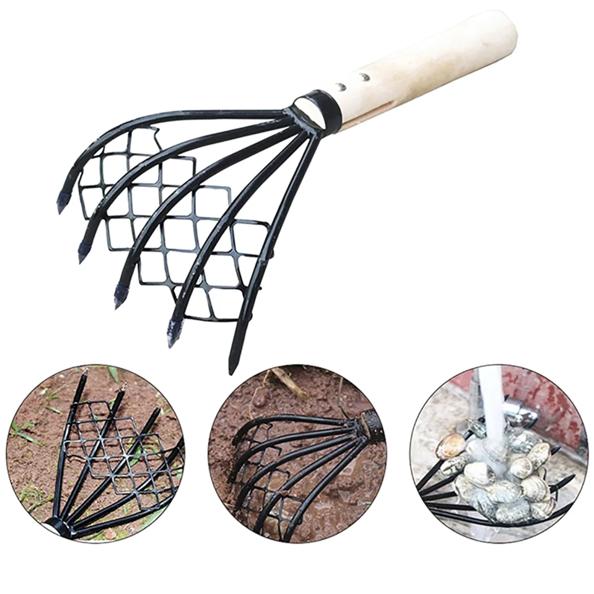 Small Nail Rake with Net Bag Small Rake Shell Digging Tool Sea Catching Small Wooden Rake Wooden Handle Rake Small RakeJAS