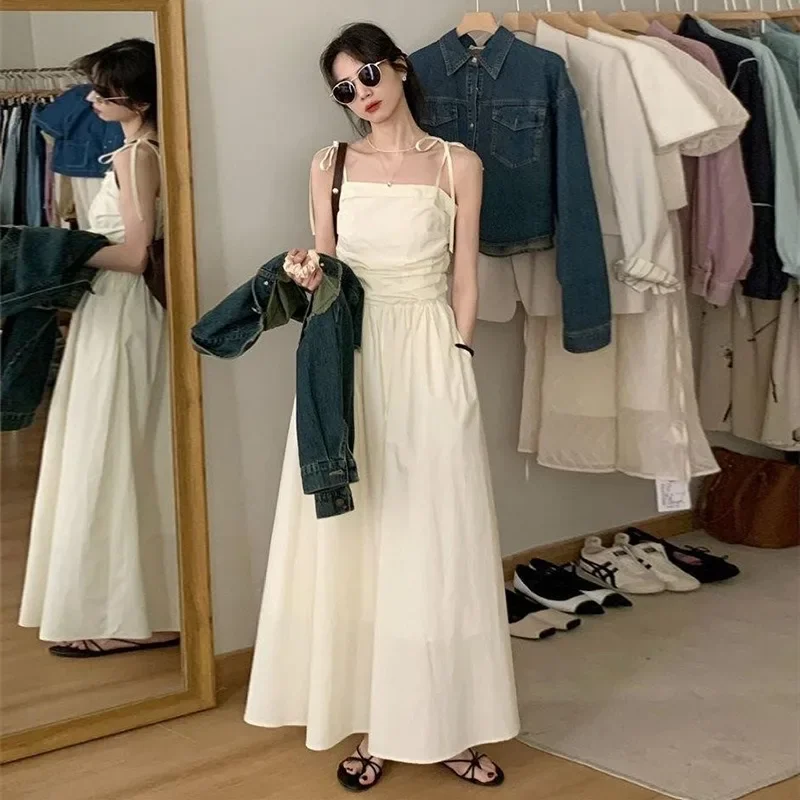Summer Vintage Hepburn Style Strap Dress Temperament Solid Color Sleeveless Vestidos Korean French Casual Slim Waist Dress Women