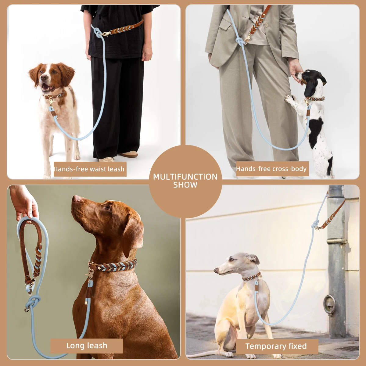 Braunes Leder-Hundehalsband und Leinen, Anzug, gewebte Muster, wunderschönes, langlebiges Nylon, orange Farben, Seil, freihändiges Design, 2026, neu – Detail 12