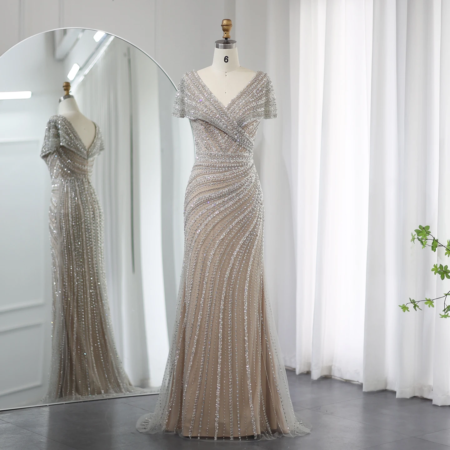 Sharon Said Luxury Dubai Silver Nude Evening Dresses for Wedding Mermaid Cap Sleeves Arab Formal Party Dress SS045 Customized