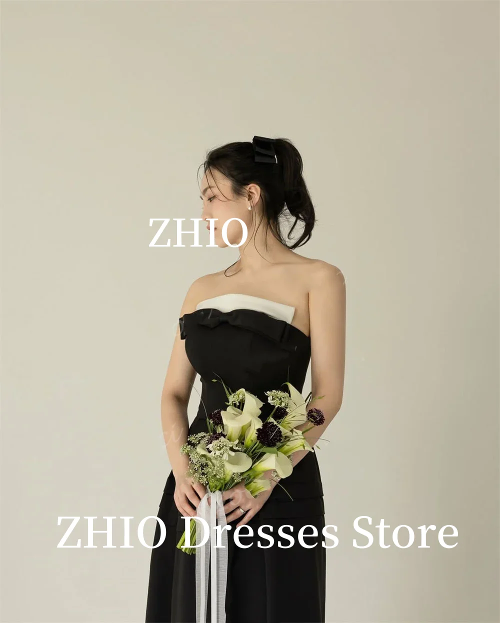 ZHIO Aangepaste eenvoudige zwart-witte Koreaanse trouwjurken Satijn A-lijn Strik Foto's Schieten Formele avondreceptiejurk amentos dh이킹ди ienу