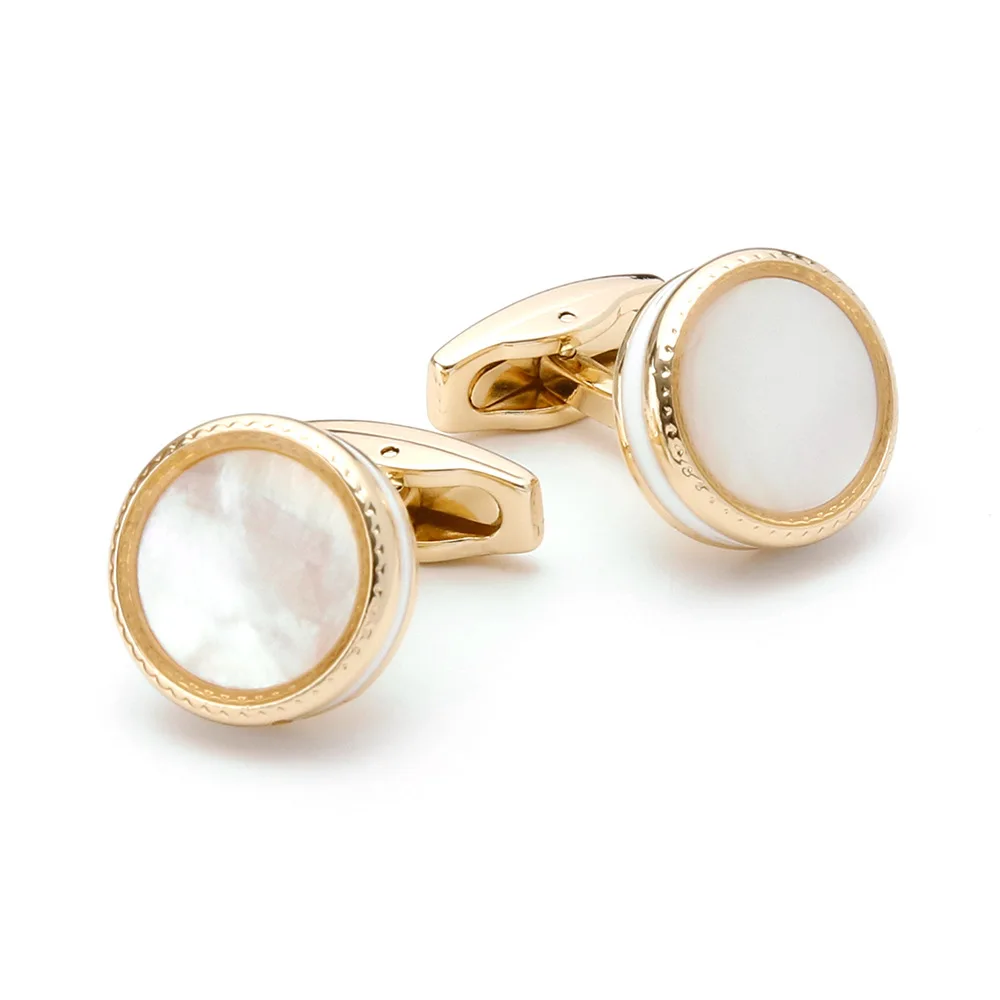 Golden Pearl Shell Round Cufflinks Elegant Mens Business Dress Shirt Stud Exquisite Texture Accessories for Formal Occasion Wear