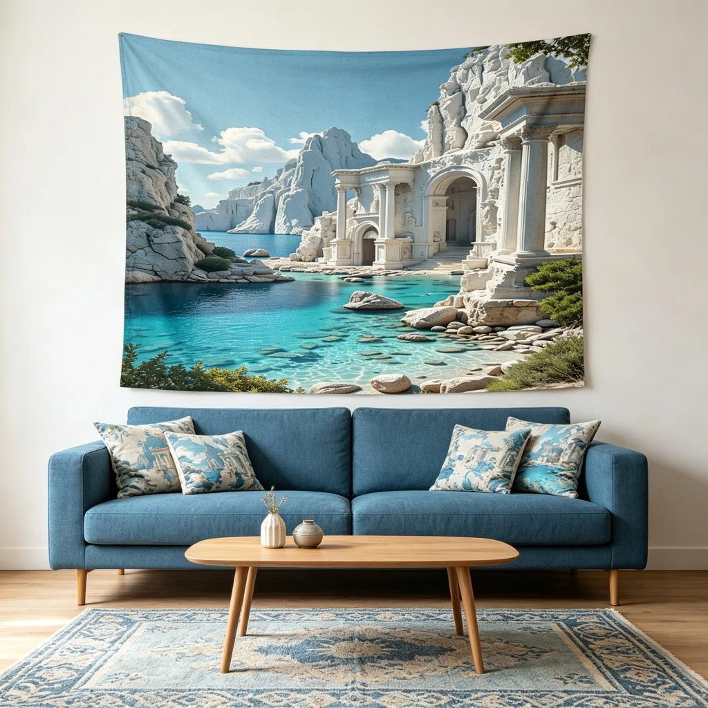 1PC Greece White Bay Art Print Backdrop Banner, Bedroom Living Room Photo Background, Polyester, Home Decor, Wall Art