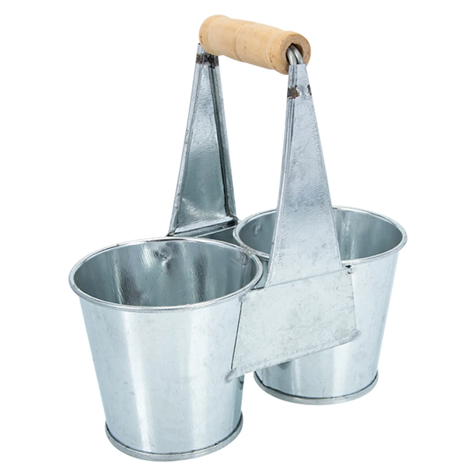 Double Compartment Metal Flower Pot Wood Handle Rustic Iron Bucket for Succulent Planting Floral Arrangement Iron Flower Bucket