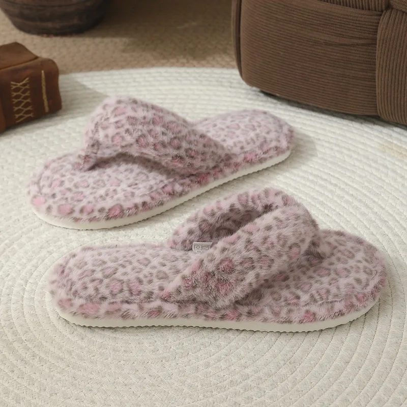 Modische, flauschige Flip-Flops mit Leopardenmuster für Damen, Herbst- und Winterschuhe, warme, weiche Hausschuhe mit Plüschfutter und EVA-Sohle, Mädchen-Hausschuhe aus Baumwolle. – Detail 7