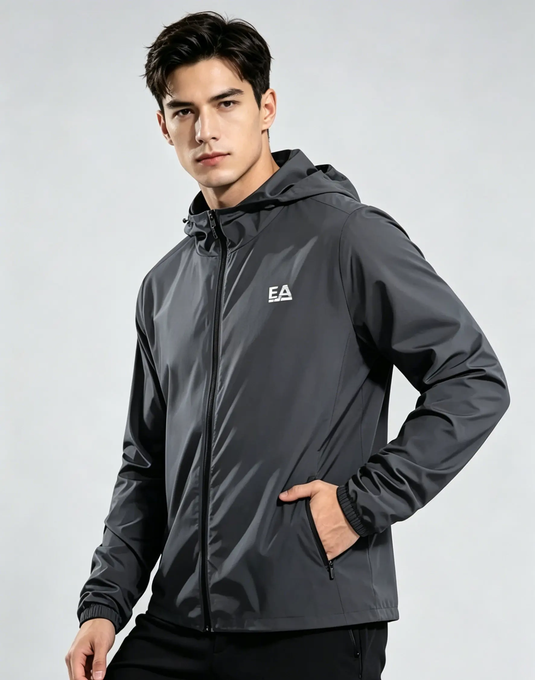 Herren EA Letter Logo Kapuzen-Windbreaker-Jacke, leichte, wasserdichte, lässige Outdoor-Reißverschlussjacke