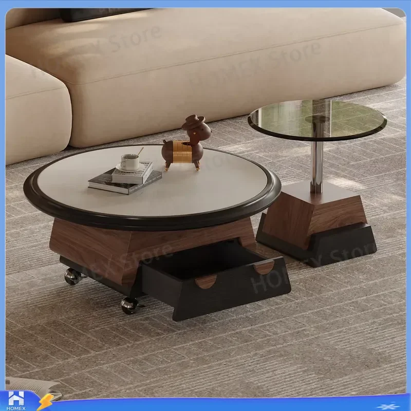 Modern Round Coffee Table Set Embossed Nano Microcrystalline Stone Top Wooden Veneer Storage Side Table Living Room Furniture