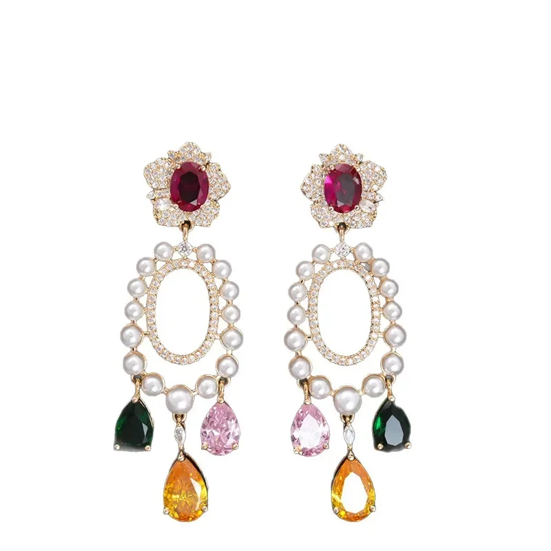 Garden Color Treasure Pendant Pearl Earrings Light Luxury Premium Earrings Full of Diamonds Retro Dinner Atmosphere
