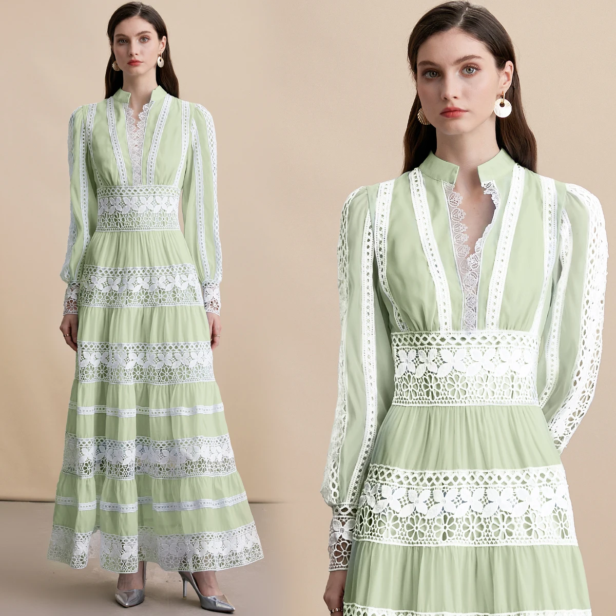 Ladies Boho Lace Panel Dress Lantern Sleeve Button Front Midi Length Summer Beach Holiday Flowy Casual Sundress