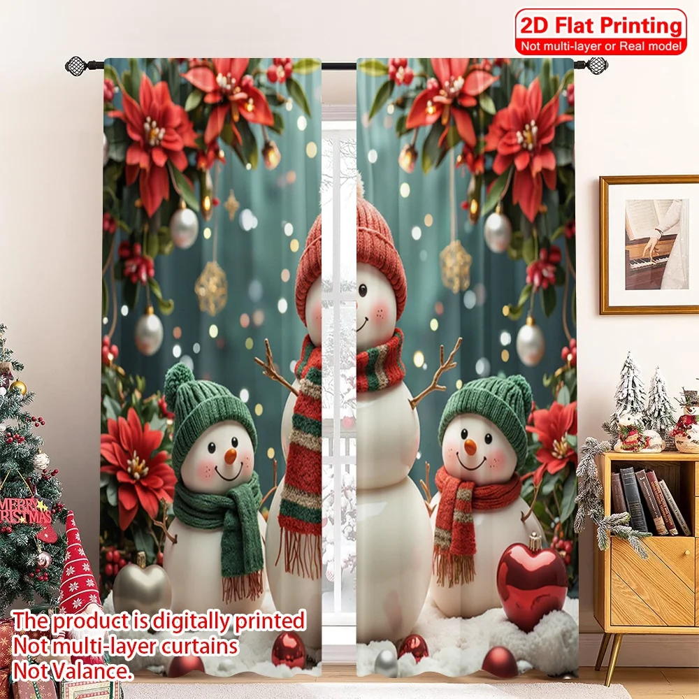 

2pcs 2D flat printing Merry Christmas Popular Curtain Cute Snowman Family Christmas Poinsettia Polyester Fabric Without