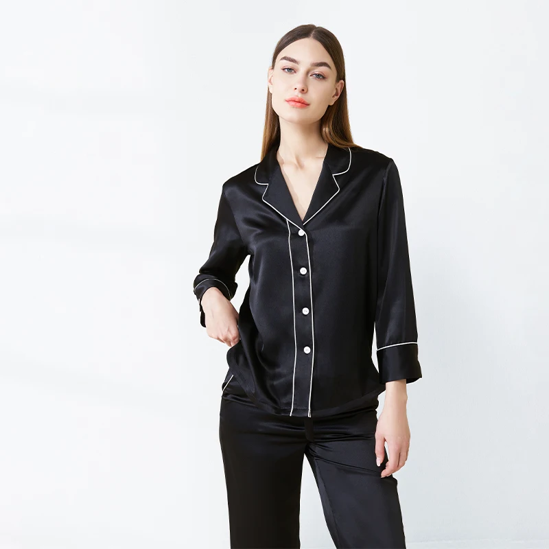 

19MM 100% Mulberry Silk Piped Long Sleeve Trouser Pyjamas Suit Luxury Button Down Lapel Pajamas Nightwear Elegant Cardigan PJs