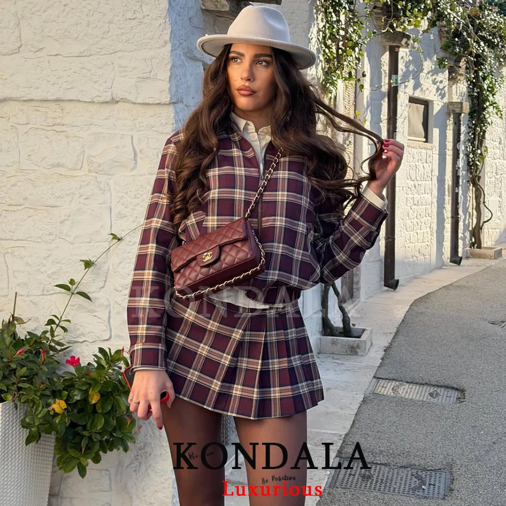KONDALA Lässiger Chic Damen-Shorts-Anzug Kariertes Langarm-Reißverschluss-Jackett Gerade Mini-Shorts Rock Mode 2026 Frühling Shorts-Anzug