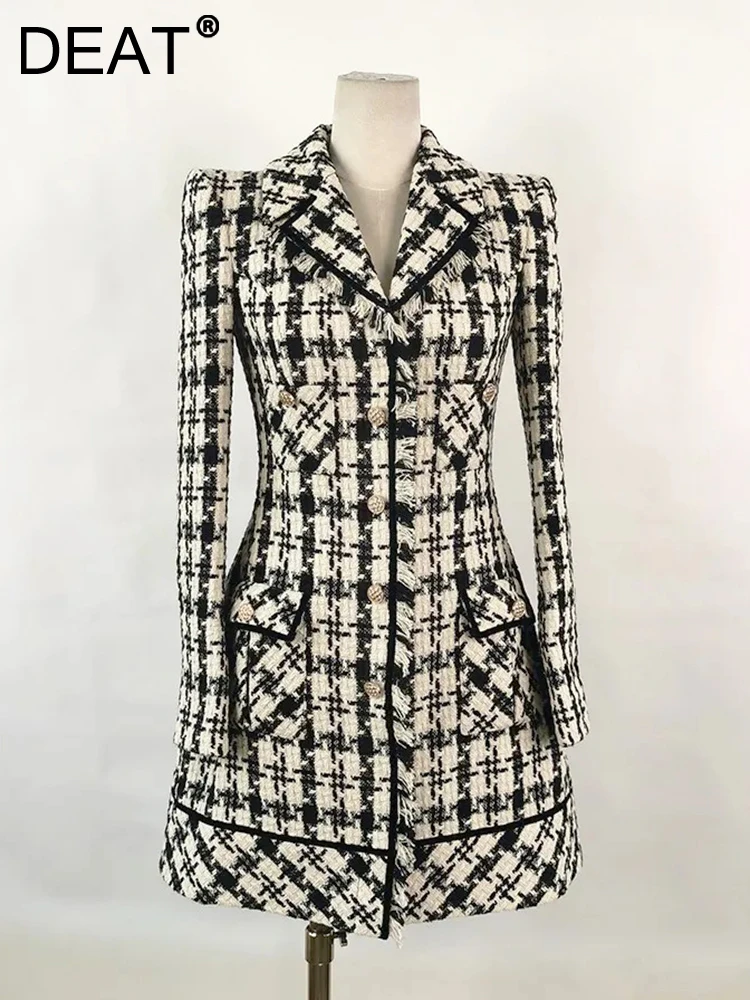 

DEAT Women Plaid Pattern Long Sleeve Single Breasted Dress Turn-down Collar Contrast Color Female Dresses Elegant 2024 13DB1384