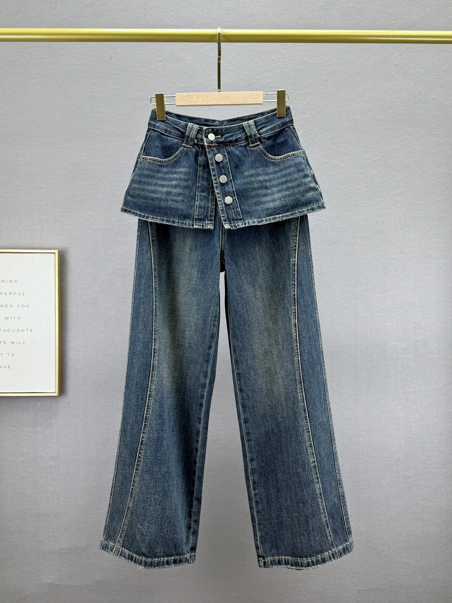 

Джинсы с высокой талией и широкими штанинами, женские, свободного кроя, с эффектом двухслойности, джинсовые брюки, осенняя новинка, европейский модный стиль