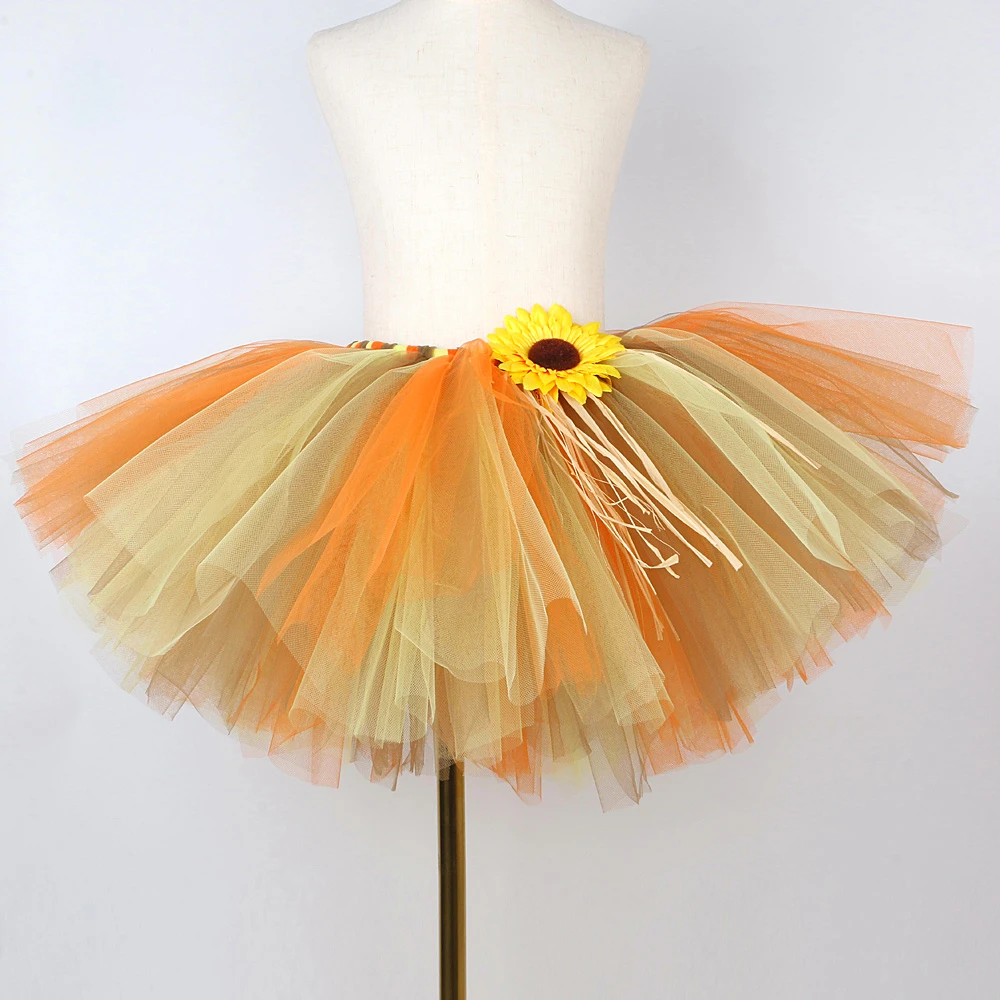 Fall Sunflower Tutu Skirt for Girls Thanksgiving Outfit Kids Scarecrow Halloween Costumes with Witch Hat Children Fluffy Tutus