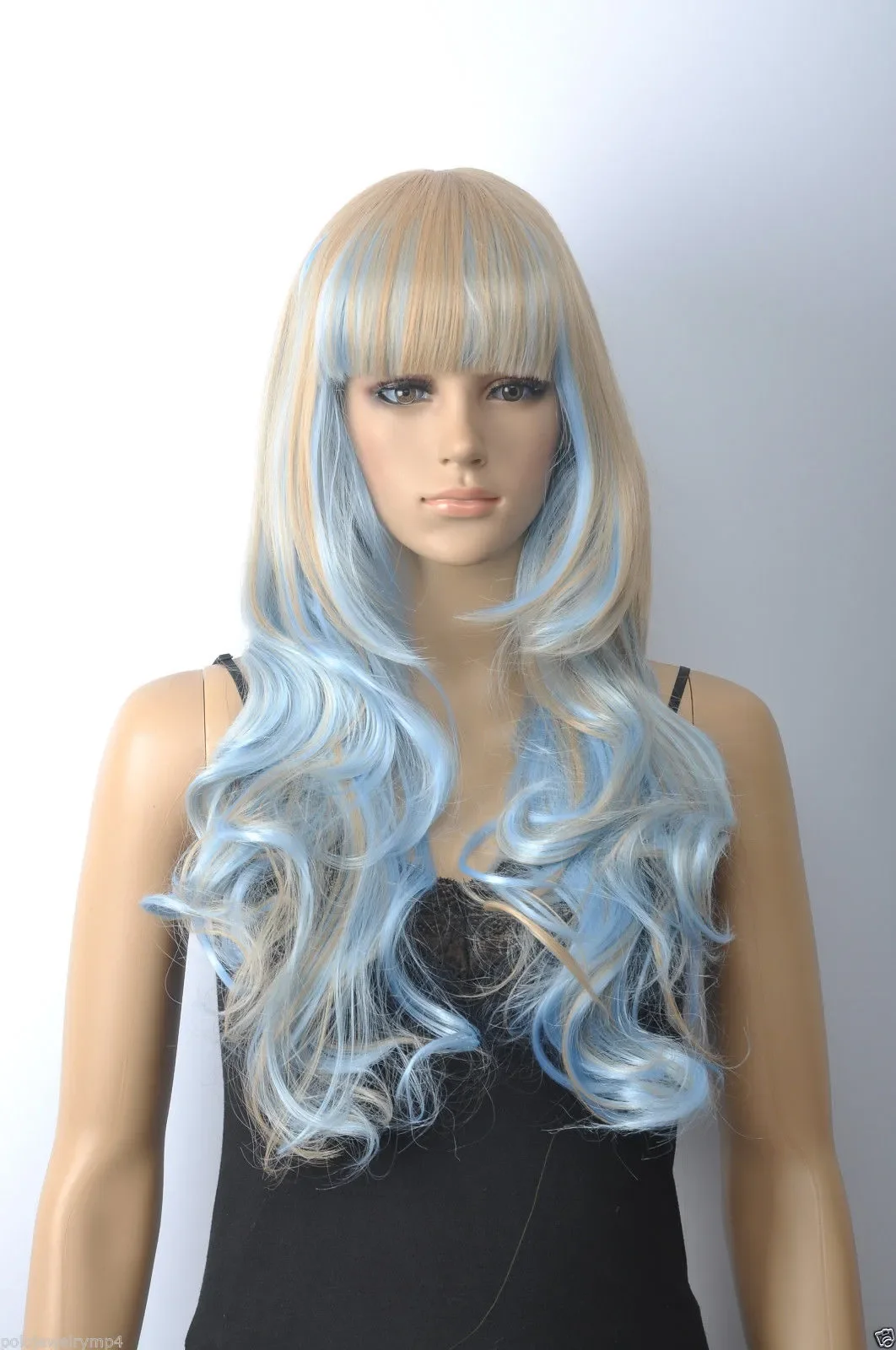 Wholesale  Women Cosplay Sky Blue Blonde Mix Long Wigs Curly Wig With Bangs