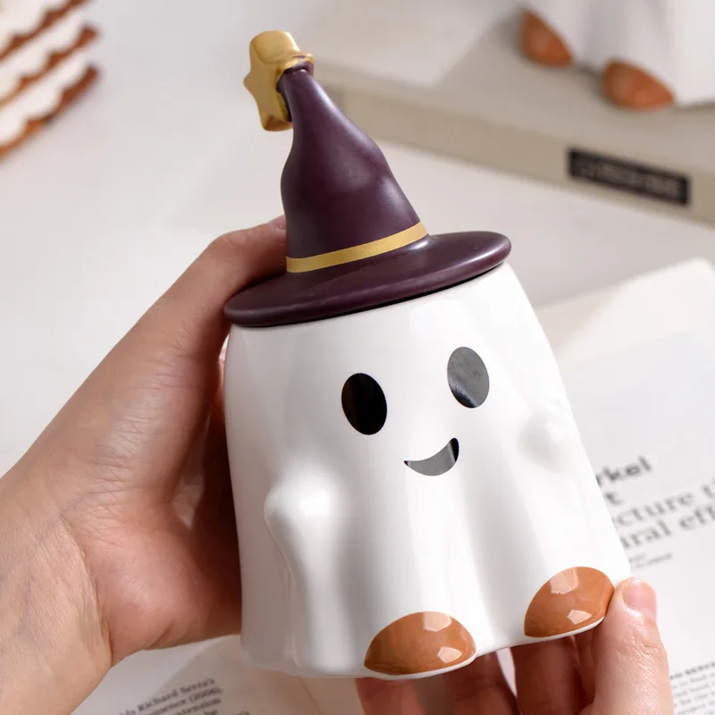 Kubek z duchem na Halloween z pokrywką Uroczy kubek z duchem Kreatywny kubek z duchem Zabawny kubek ceramiczny 450 ml Pamiątka na Halloween