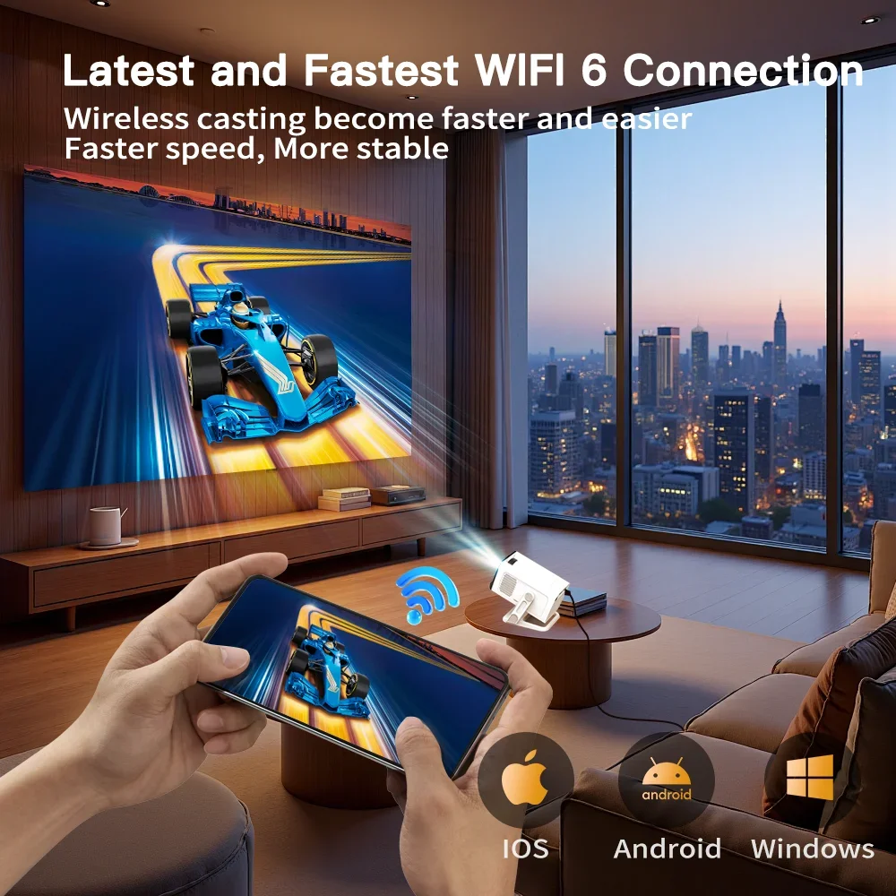 Projetor LynCast Home Theater 4K com Projetor Portátil Wifi6 e BT5.4, Projetor Android 11.0, Auto Keystone, 180 °   Flexível