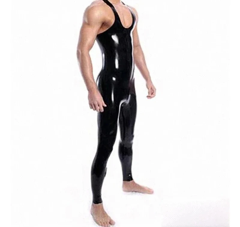 

customized Handmade Men's Latex Rubber Catsuit Sleeveless Bodysuit Garment Club Wear Jumpsuit Gummi 0.4mm clubwear