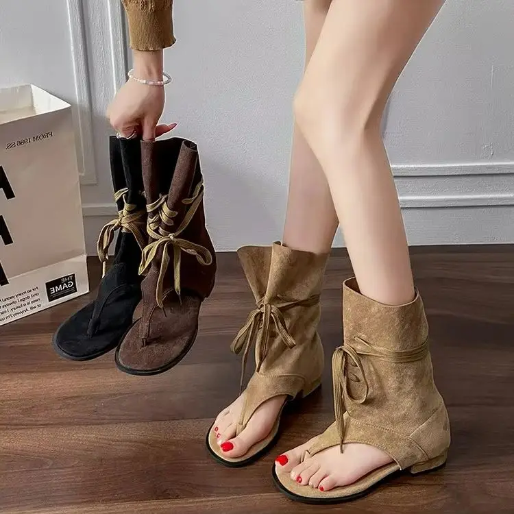 Versatile New Edition Sandals round Toe Low Heel Roman Style Fringe Tassel Tie-Up Clog Casual Summer Footwear