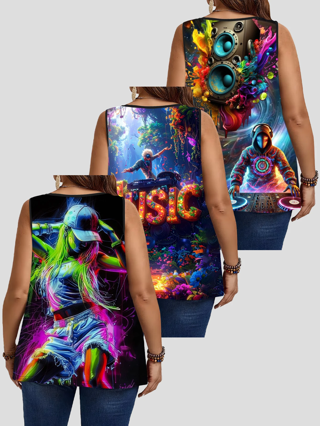 3-Piece Set of Large Size Neon Music Print Sleeveless Vests, Dj Fluorescent Party Style Loose Outerwear Tops