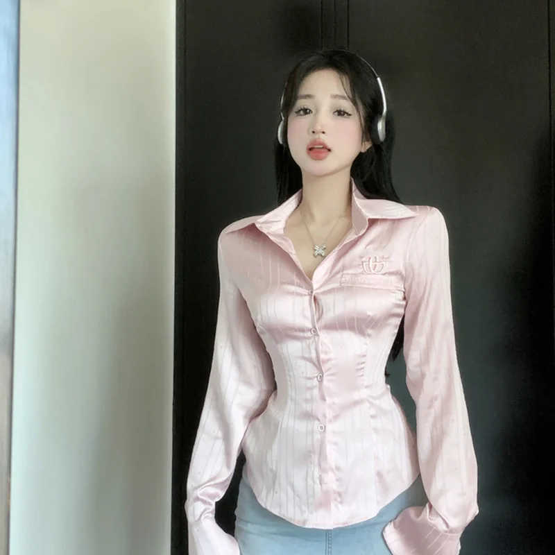 Spring Women Clothing Shirt French Simple Lapel Self Cultivation Pink Single Breasted Temperament Top Design Chic Vintage Blouse
